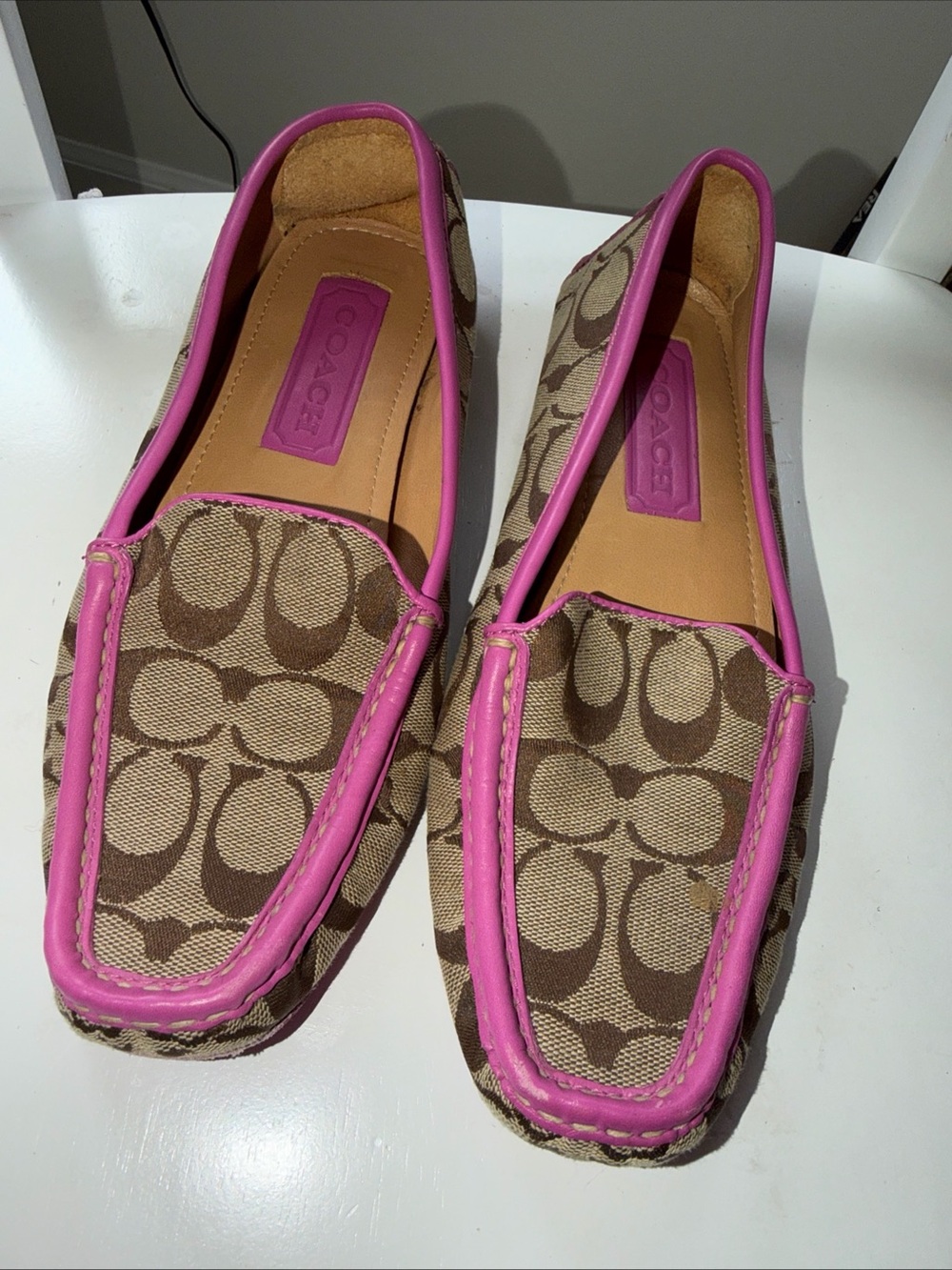 Coach Brown Signature Canvas Loafers with Pink Trim